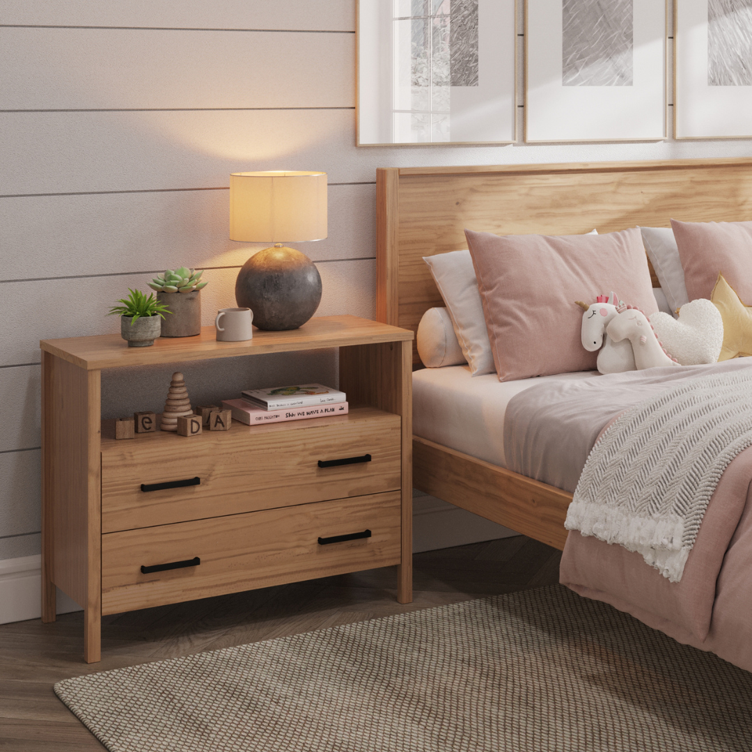 Cali Two-Drawer Wide Nightstand in Hazelnut