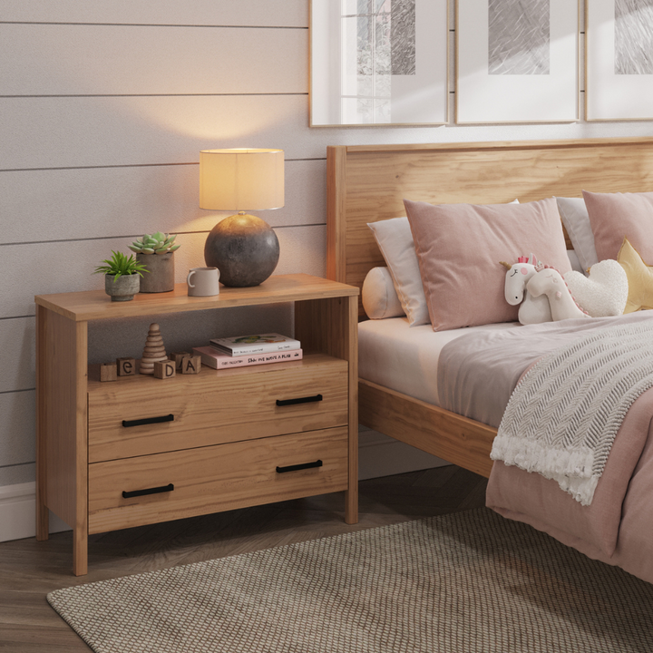 Cali Two-Drawer Wide Nightstand in Hazelnut