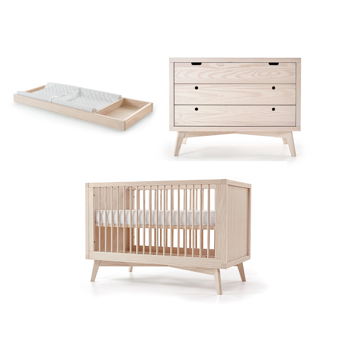 Retro Crib Dresser and Changing Tray Nursery Set in Natural Washed Simply Nursery