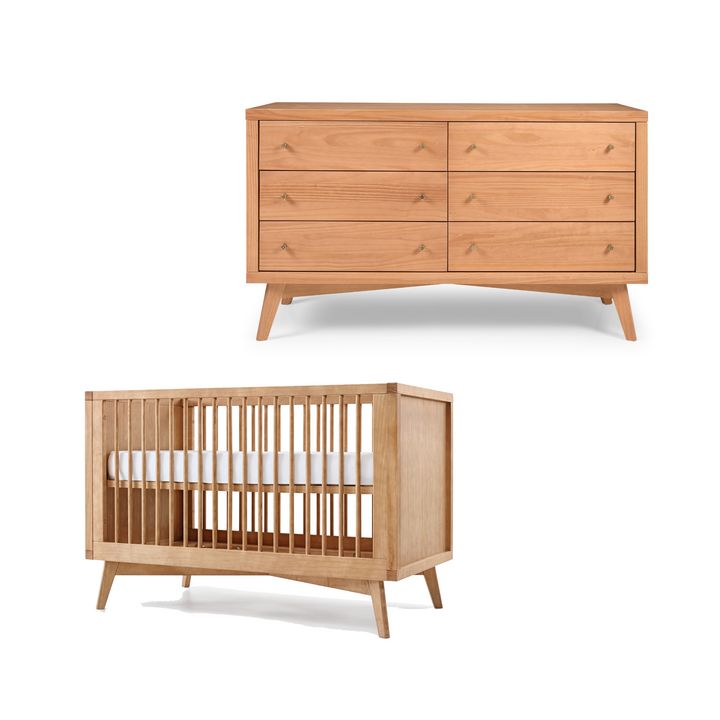 Mid-Century Crib and 6 Drawer Dresser Nursery Set in Hazelnut