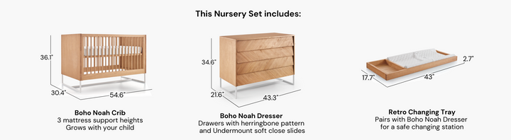 Boho Noah Crib, Dresser and Changing Tray Nursery Set in Hazelnut