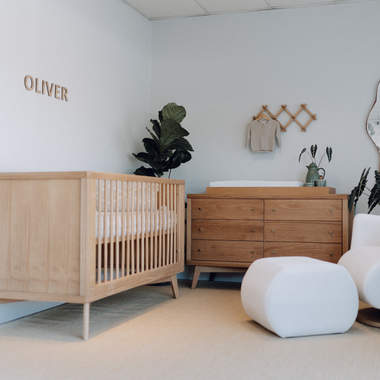 Mid-Century Crib and 6 Drawer Dresser Nursery Set in Hazelnut