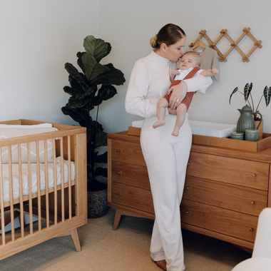 Mid-Century Crib and 6 Drawer Dresser Nursery Set in Hazelnut