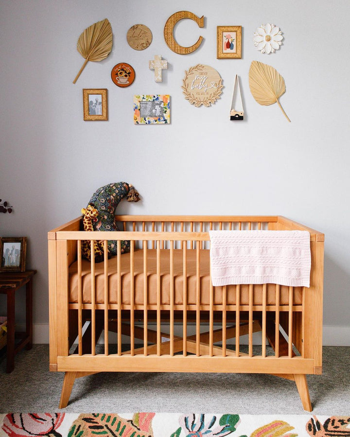 Mid-Century Crib, 3 Drawer Dresser and Changing Tray Nursery Set in Hazelnut