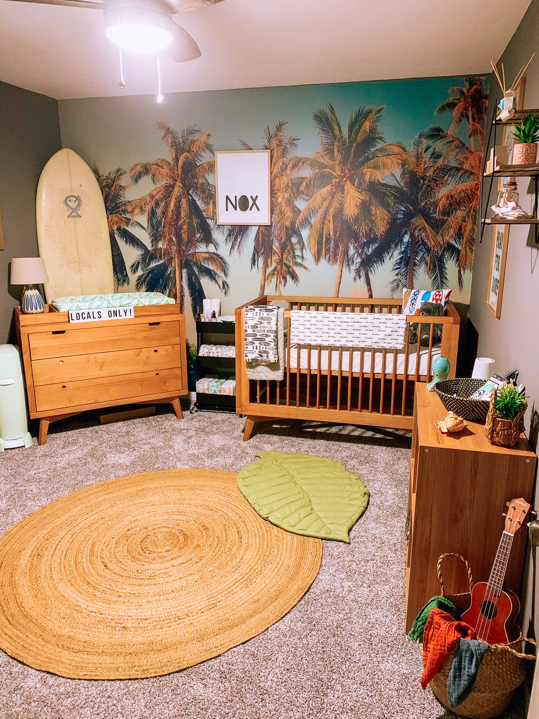 Mid-Century Crib, 3 Drawer Dresser and Changing Tray Nursery Set in Hazelnut