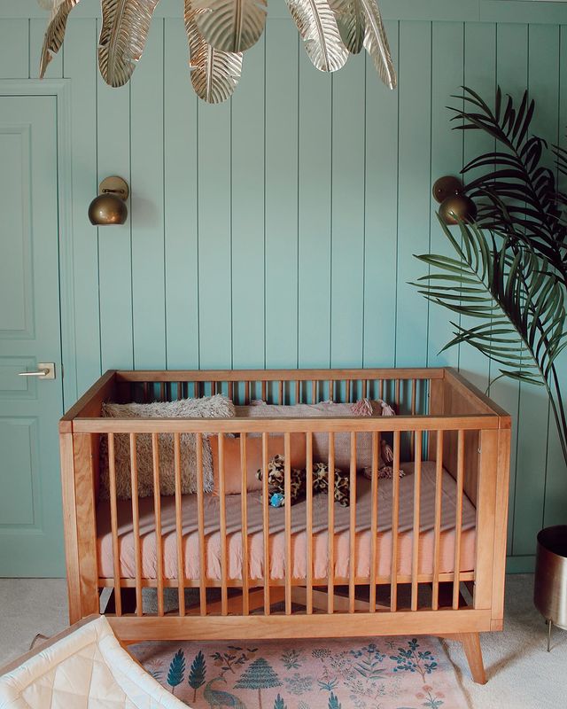Mid-Century Crib, 3 Drawer Dresser and Changing Tray Nursery Set in Hazelnut