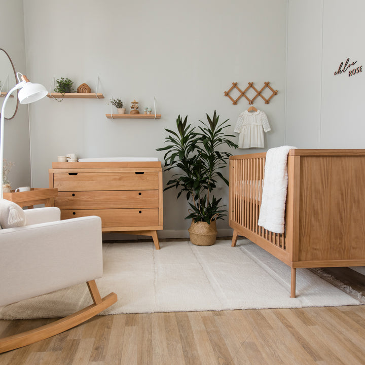 Retro Crib, 3 Drawer Dresser and Changing Tray Nursery Set in Hazelnut