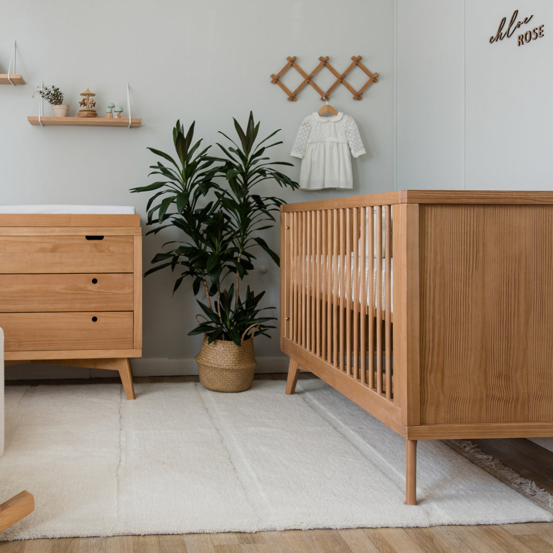 Retro Crib and 3 Drawer Dresser Nursery Set in Hazelnut