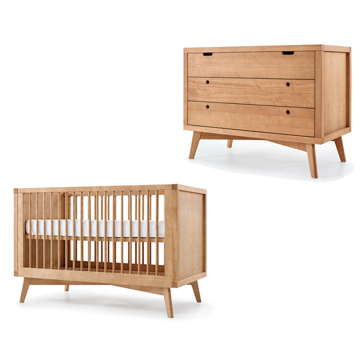 Retro Crib and 3 Drawer Dresser Nursery Set in Hazelnut