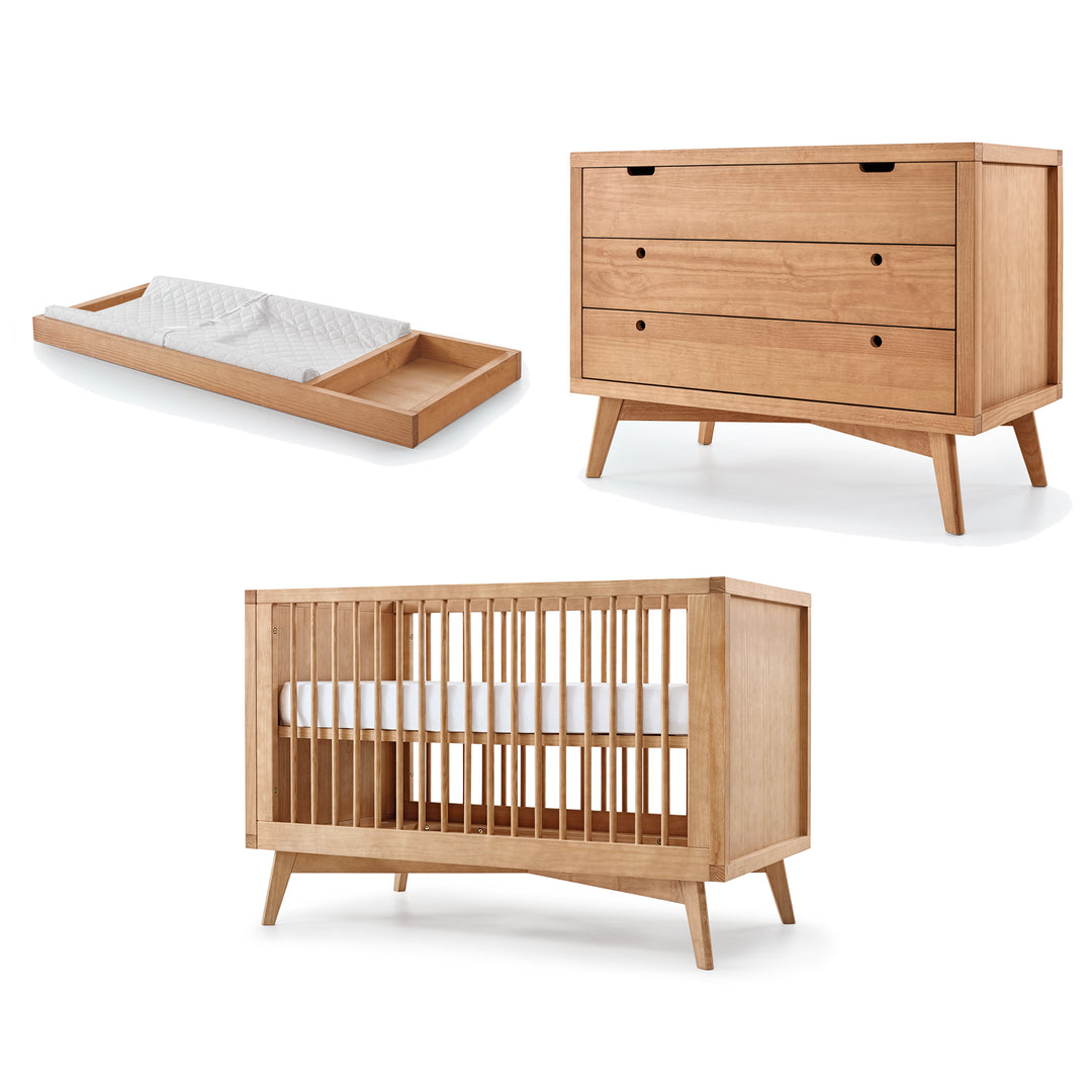 Mid-Century Crib, 3 Drawer Dresser and Changing Tray Nursery Set in Hazelnut