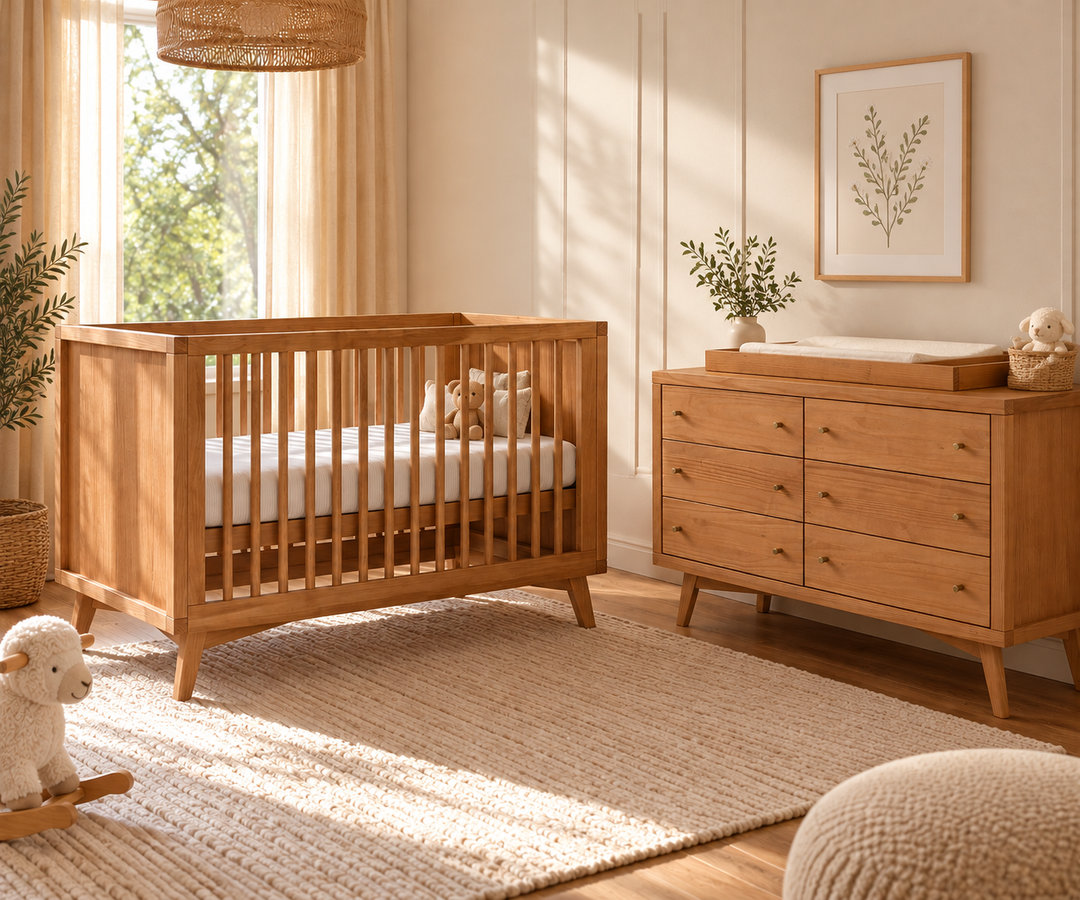 Mid-Century Crib Set with 6-Drawer Dresser & Changing Tray in Hazelnut
