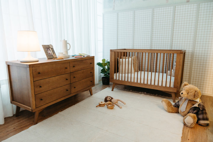Mid-Century Crib and 6 Drawer Dresser Nursery Set in Walnut