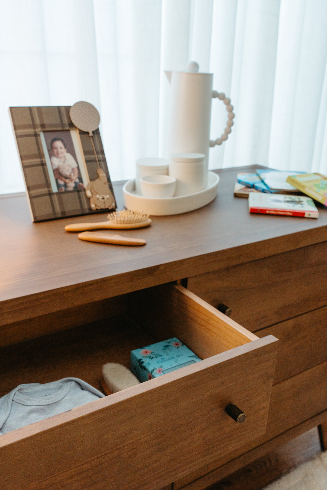 Mid-Century Crib and 6 Drawer Dresser Nursery Set in Walnut