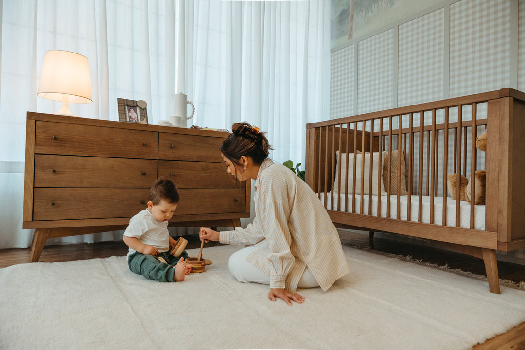 Mid-Century Crib and 6 Drawer Dresser Nursery Set in Walnut