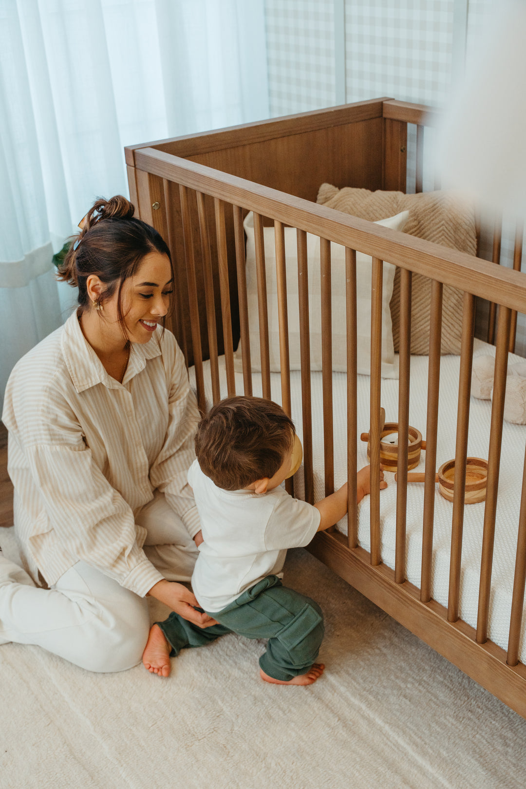 Mid-Century Crib and 6 Drawer Dresser Nursery Set in Walnut