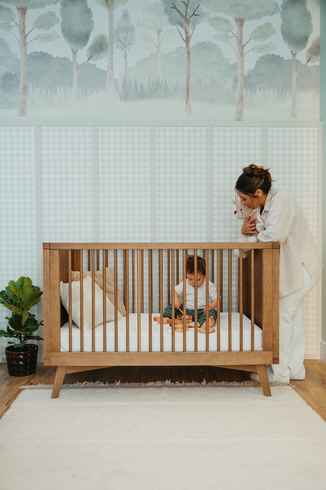 Mid-Century Crib and 6 Drawer Dresser Nursery Set in Walnut