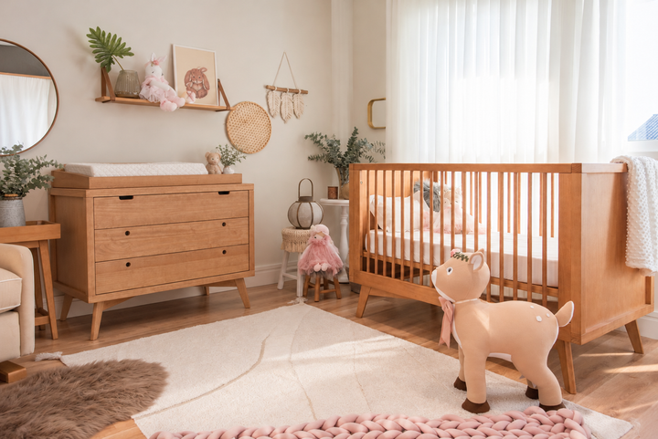 Mid-Century Crib, 3 Drawer Dresser and Changing Tray Nursery Set in Hazelnut