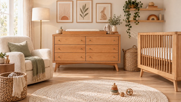 Mid-Century Crib Set with 6-Drawer Dresser & Changing Tray in Hazelnut