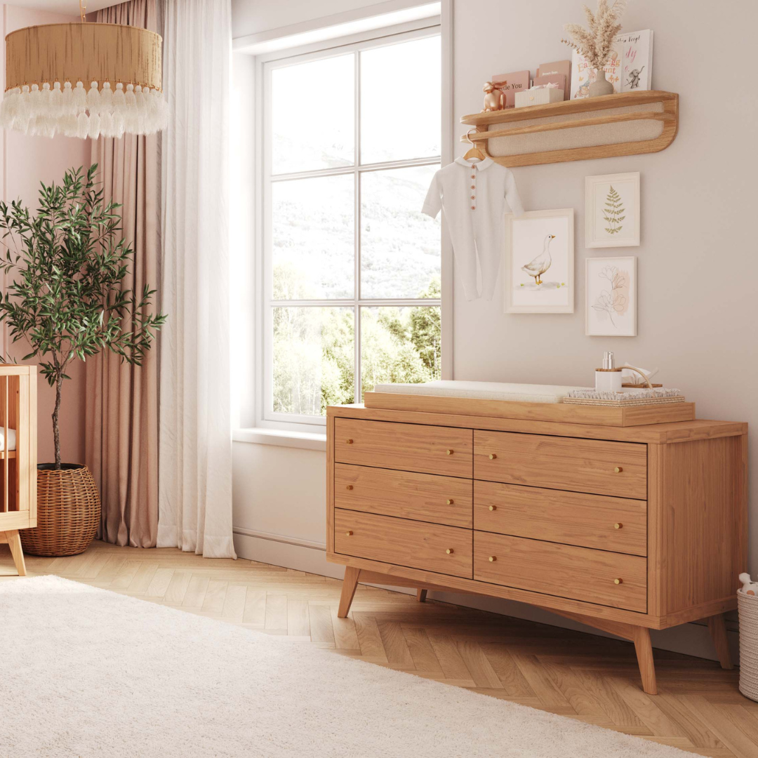 Mid-Century Crib Set with 6-Drawer Dresser & Changing Tray in Hazelnut