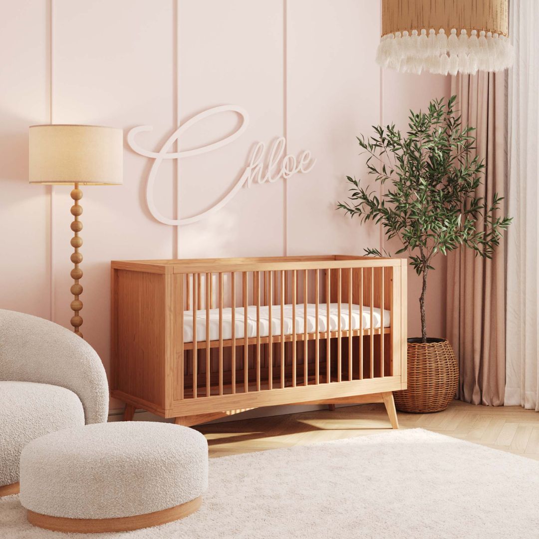 Mid-Century Crib, 3 Drawer Dresser and Changing Tray Nursery Set in Hazelnut