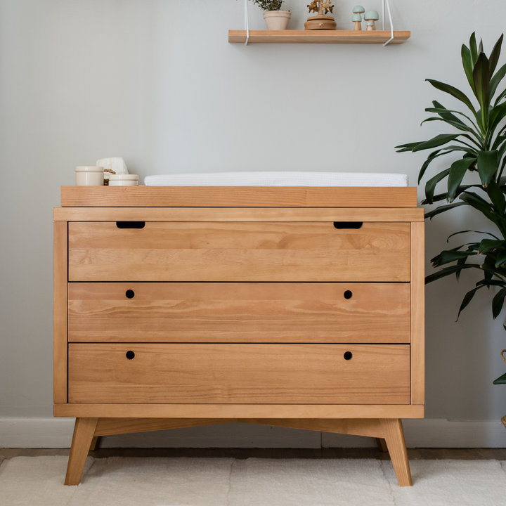 Retro Crib, 3 Drawer Dresser and Changing Tray Nursery Set in Hazelnut