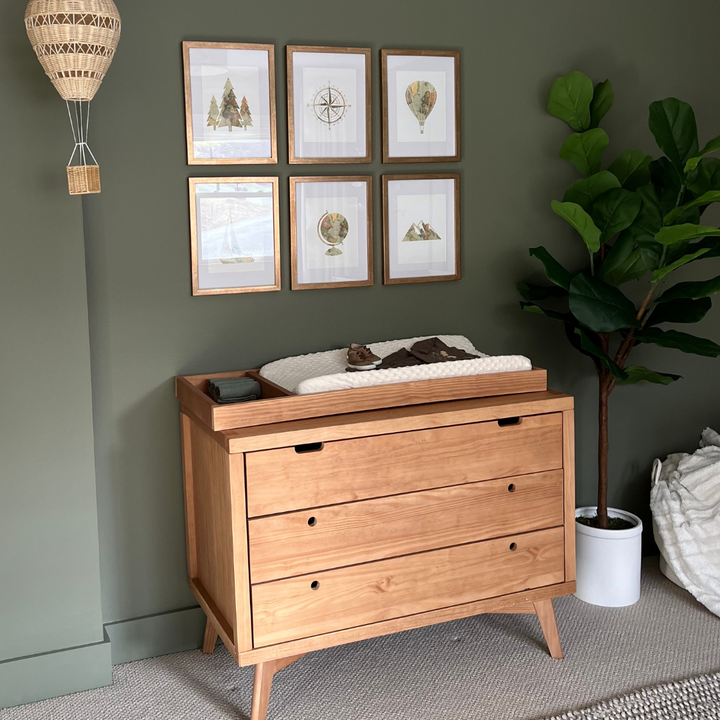 Retro Crib, 3 Drawer Dresser and Changing Tray Nursery Set in Hazelnut