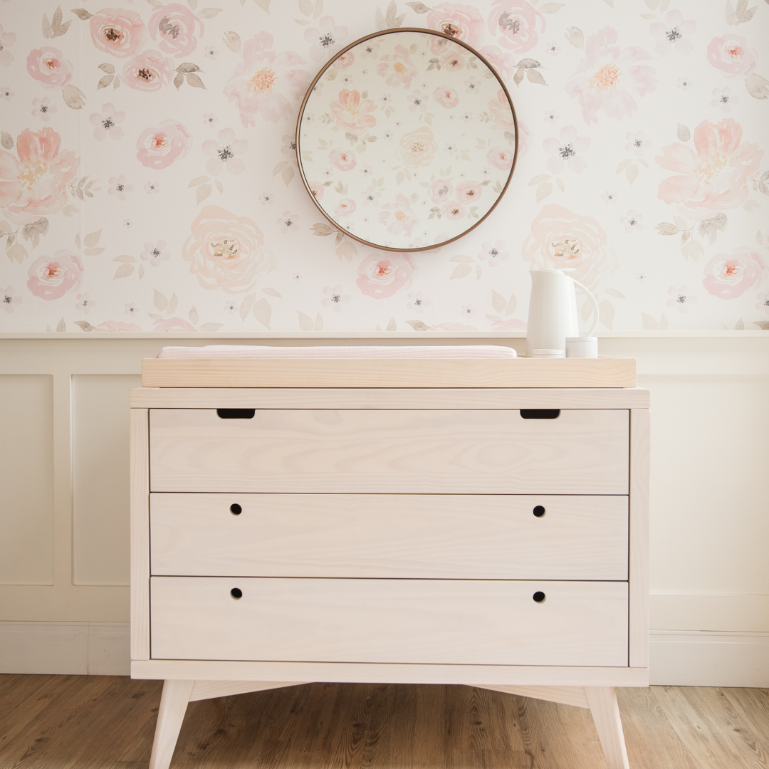 Retro Crib, Dresser and Changing Tray Nursery Set in Natural Washed