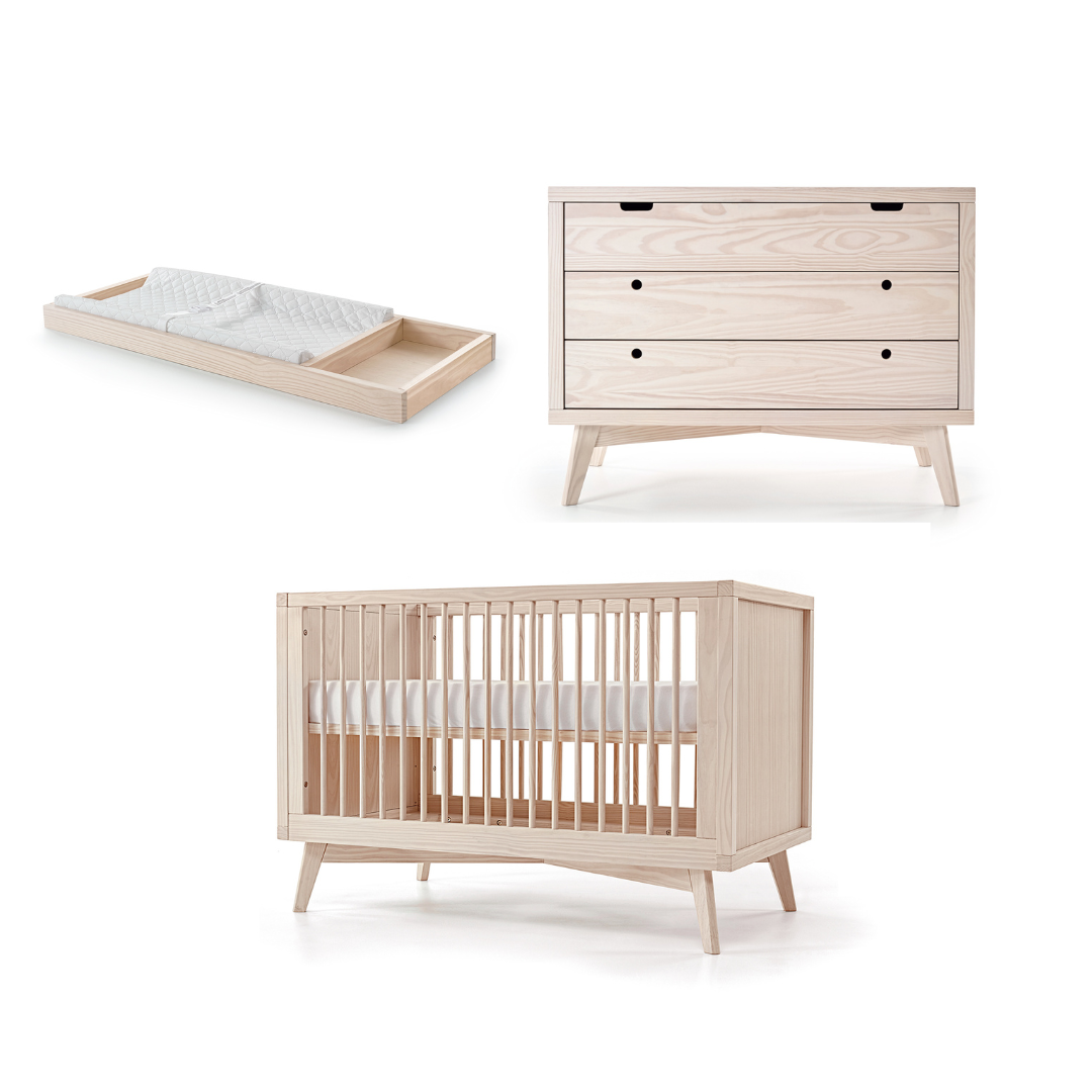 Retro Crib, Dresser and Changing Tray Nursery Set in Natural Washed