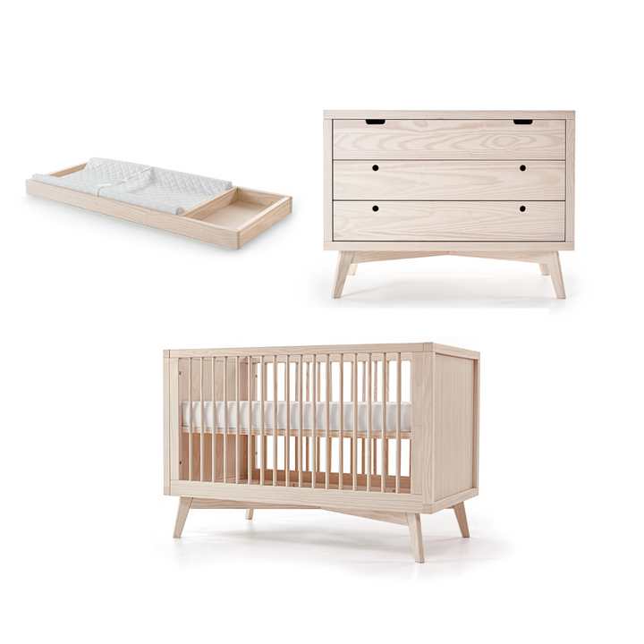 Retro Crib, Dresser and Changing Tray Nursery Set in Natural Washed