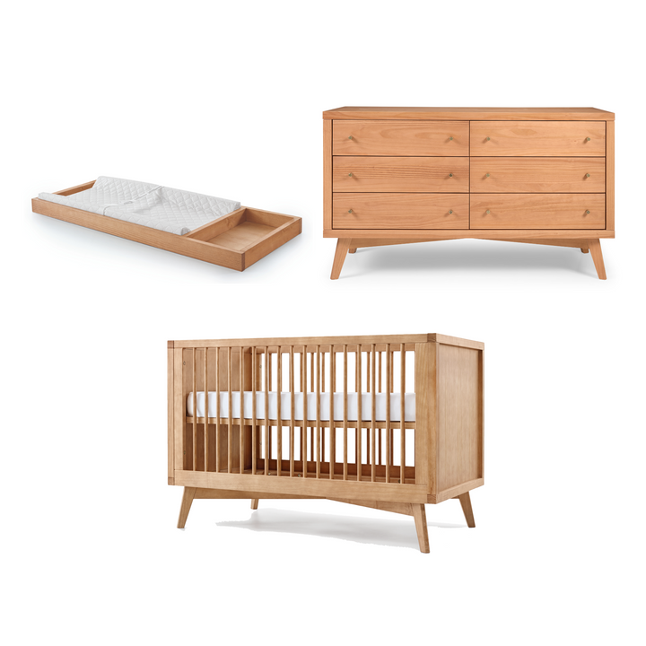 Retro Crib, 6 Drawer Dresser and Changing Tray Nursery Set in Hazelnut