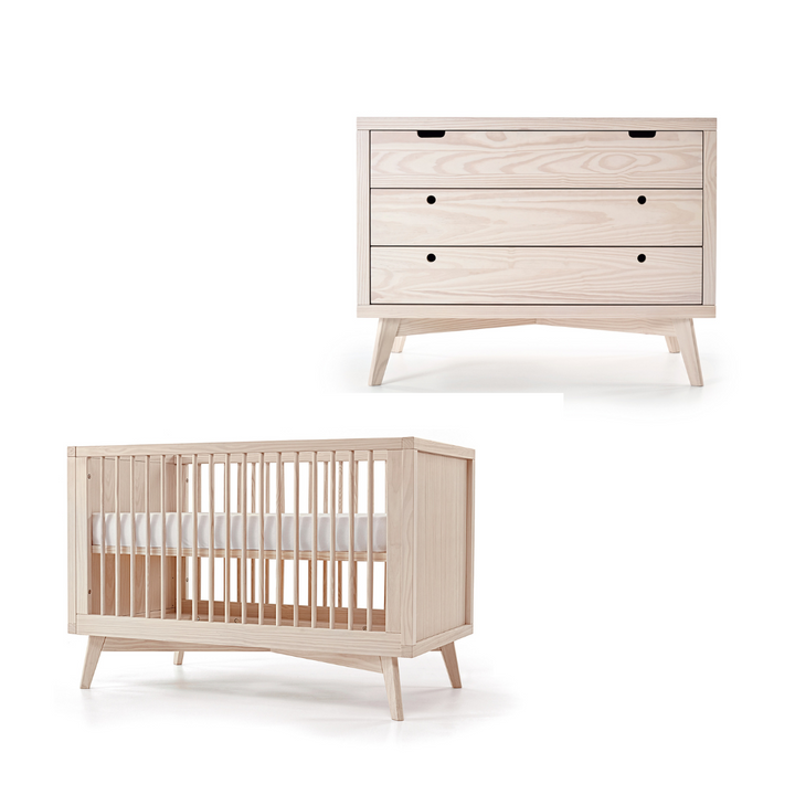 Retro Crib and Dresser Nursery Set in Natural Washed